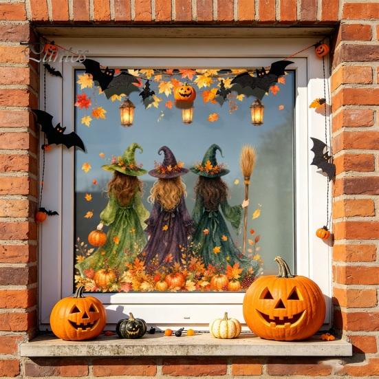 Holiday Atmosphere Window Embellishments Halloween Static Sticker, Castle/Bat/Pumpkin/Bouquet Printed, PVC Waterproof Festive Autumn Festival