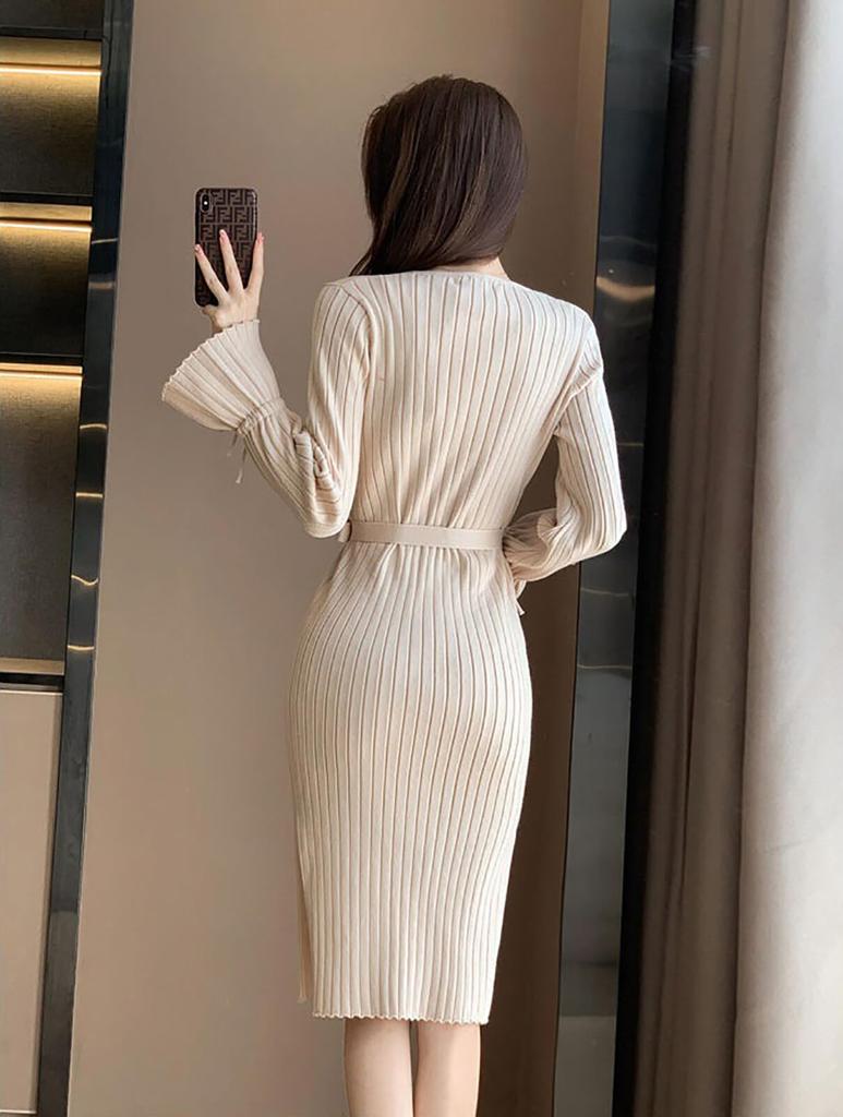 TOWYYO Gestrickt Niedlich mit Glöckchen Lang Einfarbig Beige Damenkleid, Schleife, Ärmel, Ärmel, V-Ausschnitt, A-Linie, Schlankmachend, Knielang, Farbe, Stilvoll, Frühling,