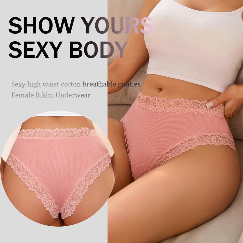 Women‘s Cotton Fabric Panties Sexy Lace Trim High Waist Underwear Solid Color Breathable Bikini Briefs Female Sexy Lingerie New