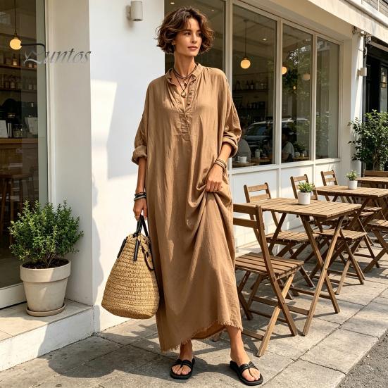 Casual Dress Summer Maxi for Women, V-Neck Oversized Boho Long Elegant Dress, Sleeve Button Up Vacation Sundress with Pockets Soft Fabric