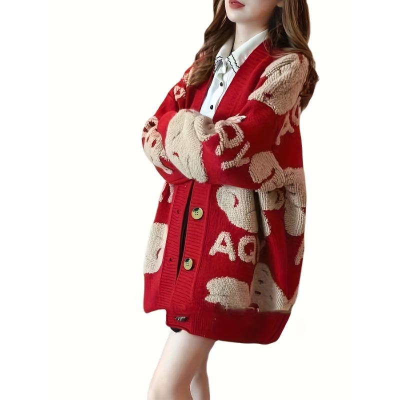 

Кардиган с V-образным вырезом и монограммой, повседневный кардиган с длинными рукавами на пуговицах, зима-осень, женский свитер M one size чёрный