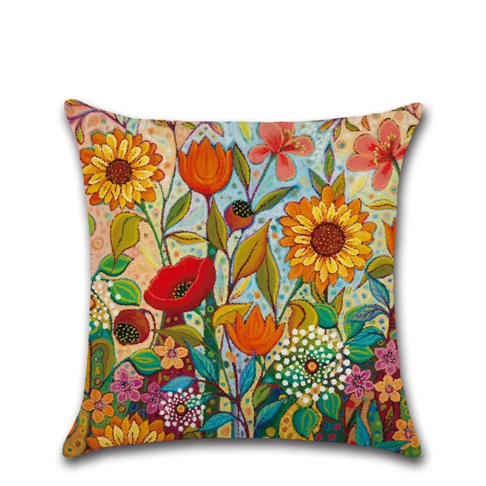 Plants Leaf Sunflower Cushion Cover Linen Decorative Home Sofa Square Pillow Case For Couch Farmhouse Decoration 45X45Cm