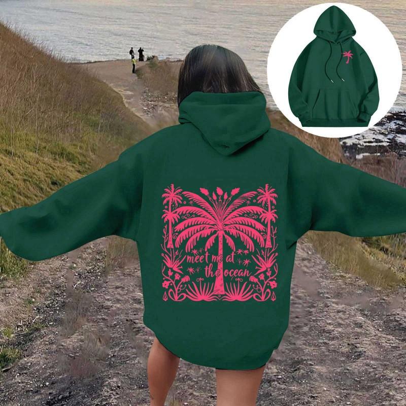 Womens Oversized Hooded Sweatshirt With Palm Tree Print Drop Shoulder Long Sleeve Fleece-Lined Casual Streetwear