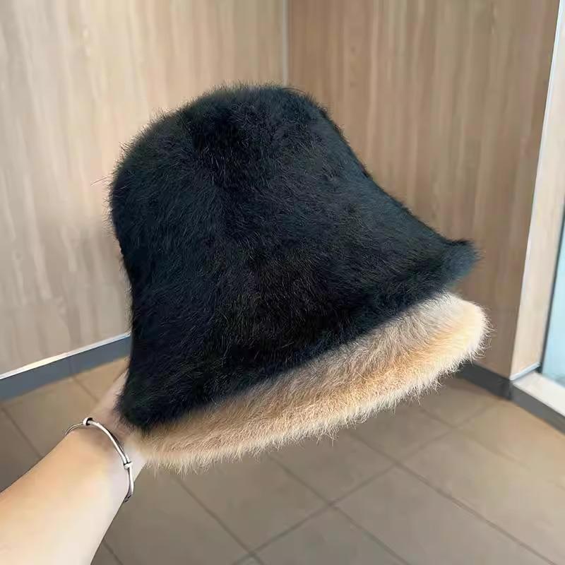 Face rabbit fur autumn and winter bucket hat versatile big head circumference basin hat white bucket plain hat warm plush basin hat