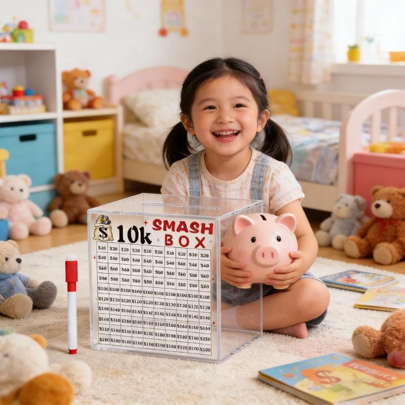 10K/20K Smash Box Money Saving Challenge,Clear Acrylic Piggy Banks Break To Open Cash Vaults,Cash and Coin Collection Box