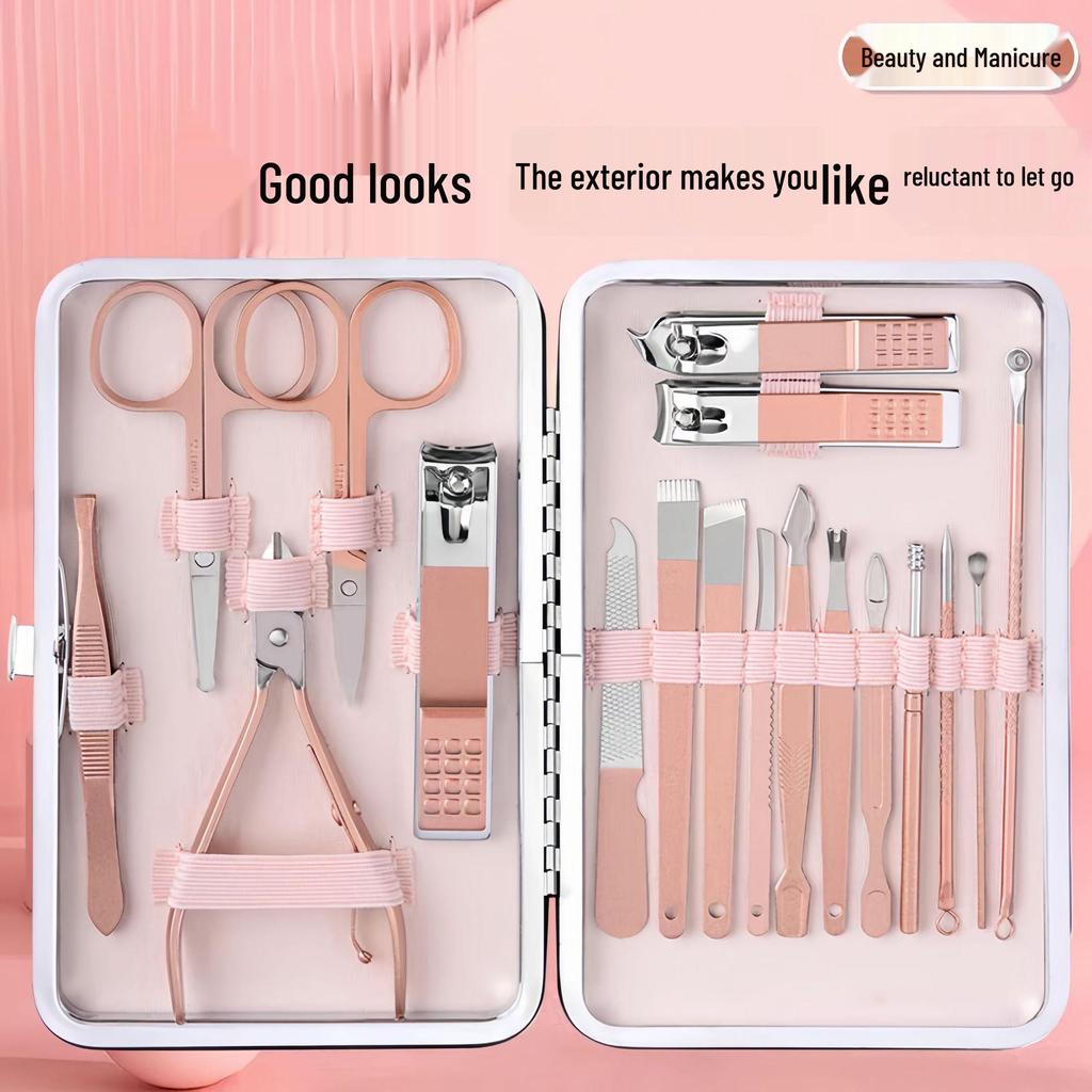 18-Piece Rose Gold Stainless Steel Manicure Set: Nail Clippers, Scissors, File & Cutter