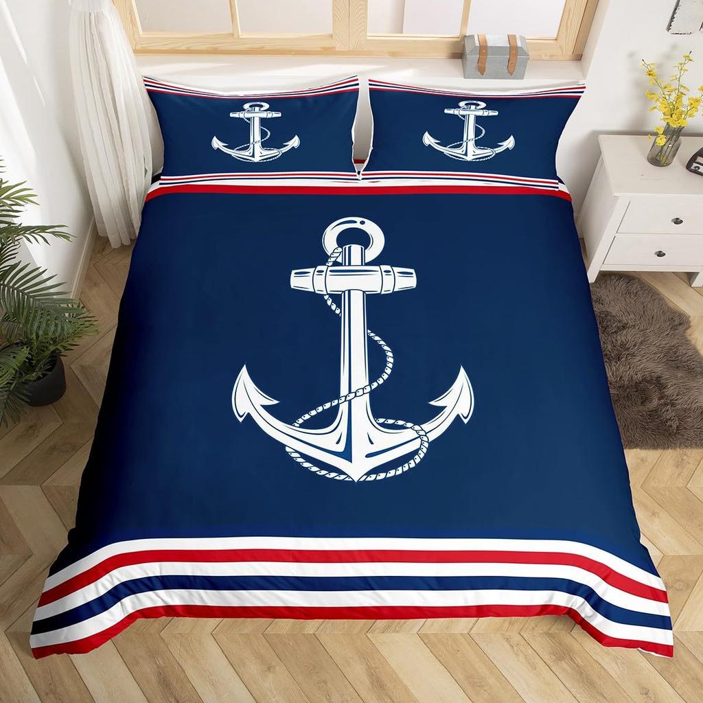 Nautical Anchor Striped Pattern Bedding Cover With Pillowcase Quilt Cover Three-Piece Duvet Cover Set