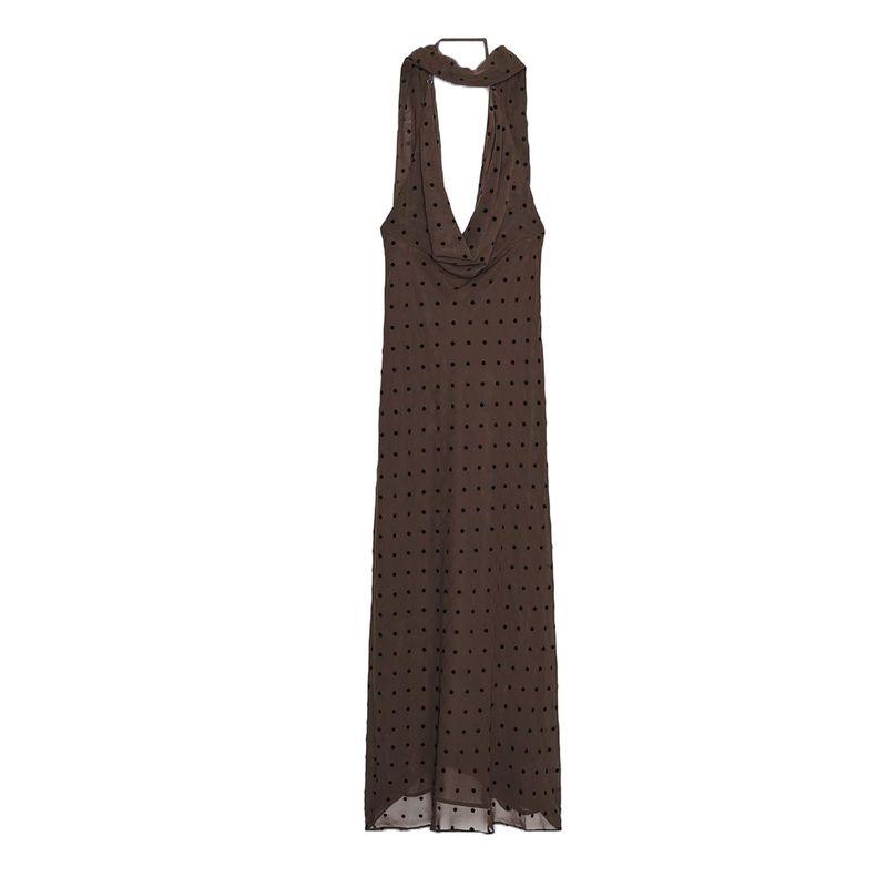 Summer New Product Women's Clothes Sexy Wind Ruched Decoration Hanging Collar Polka Dot Scarf Length Dress 3067232