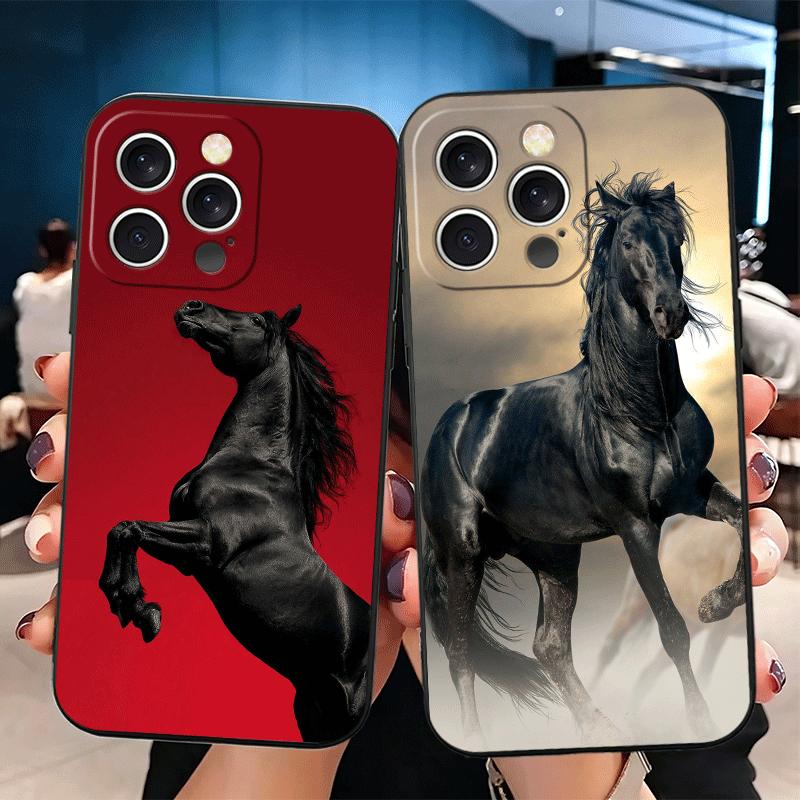Black Horse Galloping Soft Phone Case for iPhone 16 16E 17 Air 15 Pro Max 14 Plus 13 Mini 11 12 7 Black Cover Back Shell
