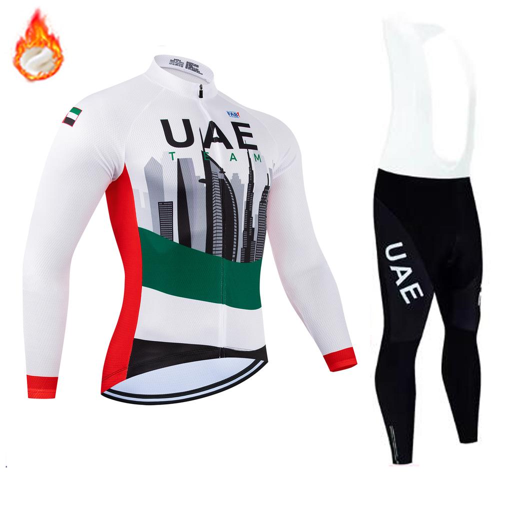 Team UAE Winter Long Sleeve Thermal Fleece Cycling Jersey Set Bib Pants Ropa Ciclismo Bicycle Clothing MTB Bike Jersey Uniform