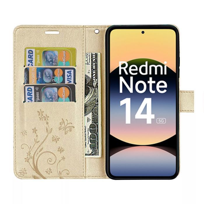 Hülle für Xiaomi Redmi Note 14 5G (nicht für 4G) Kratzschutz 360 Grad Goldener Leder-Effekt Pflanzen-Schmetterlings-Muster