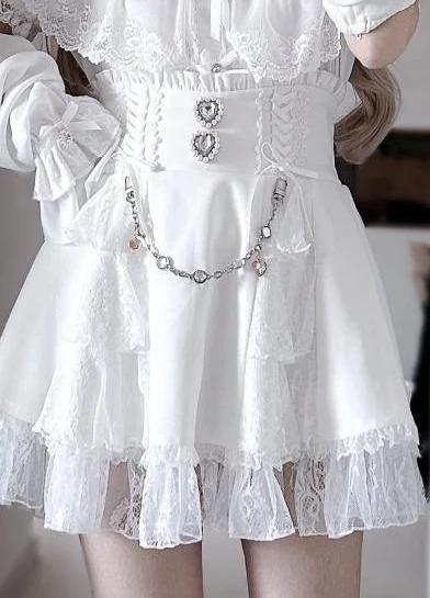 Japanese Sweet Lolita Style Mini Skirt Women Elegant Lace Bandage Party Cake Skirts Female Gothic Y2k Metal Buckle Skirt