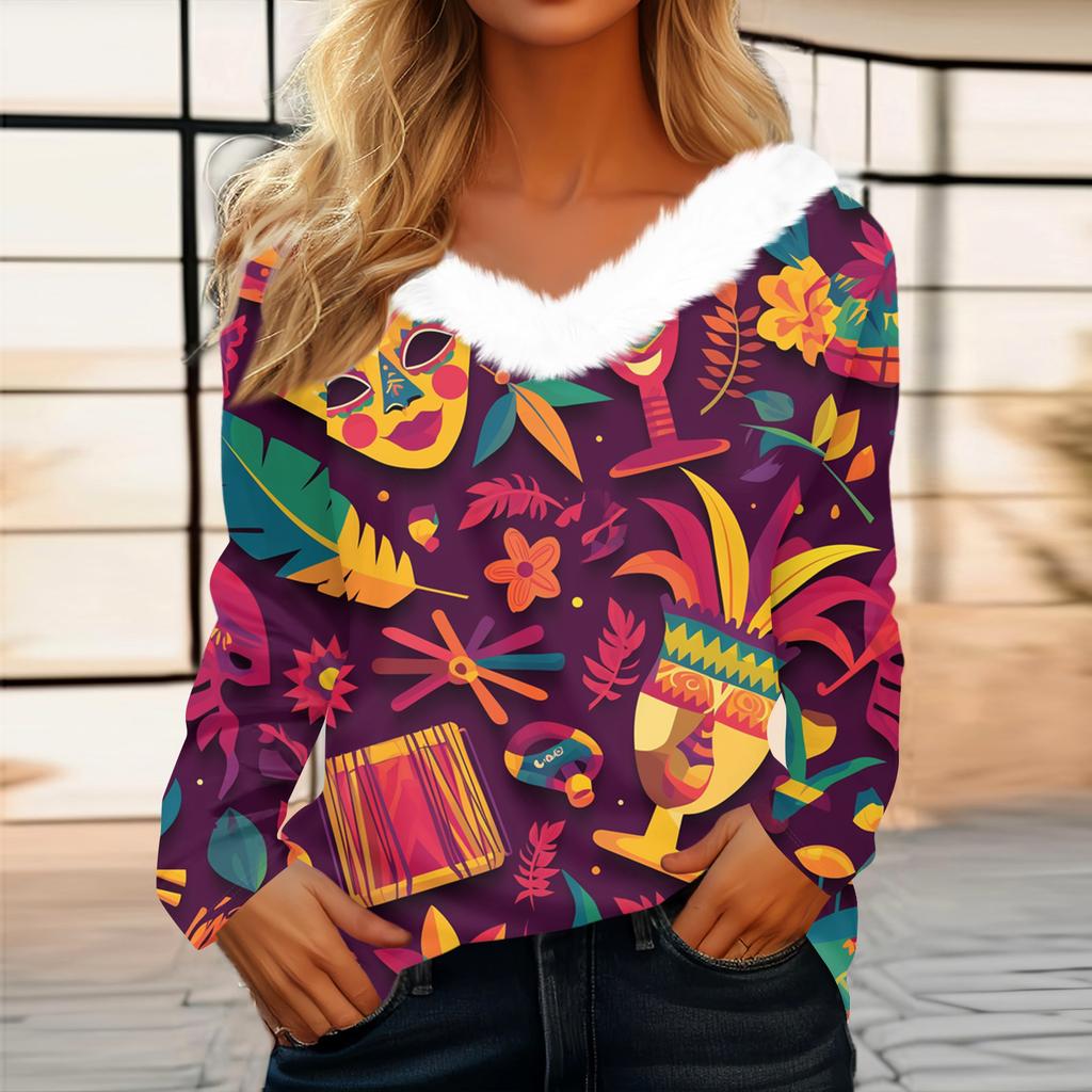 Dámský volný ležérní top s dlouhým rukávem a potiskem, plyšový límec ve tvaru V, top s dlouhým rukávem