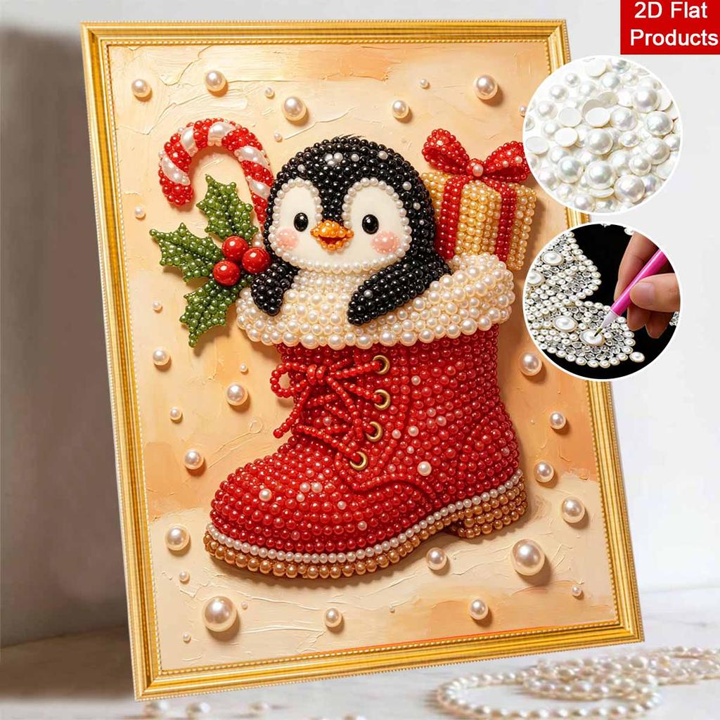 DIY Pearl Bead Painting Kit Cute Penguin Christmas Stress Relief Craft Frameless 3D Canvas Art for Adults Home Decoration Gift
