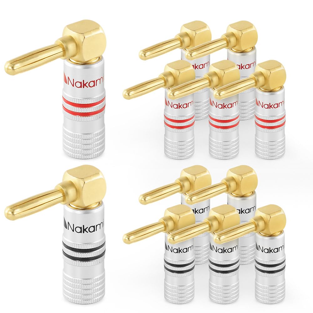 Nakamichi Série Excel Bananas Angulares Banheadas a Ouro 24K 12-18 AWG 4mm para Caixa Acústica Amplificador Hi-Fi AV Estéreo Home Theater Tipo Parafuso 12pcs 6 Pares
