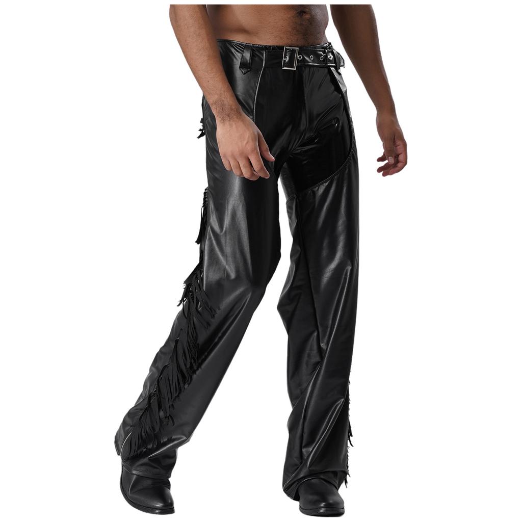 Pantaloni da Cowboy Occidentali da Uomo in Ecopelle con Frange, Lati Tagliati, Zip, Frange