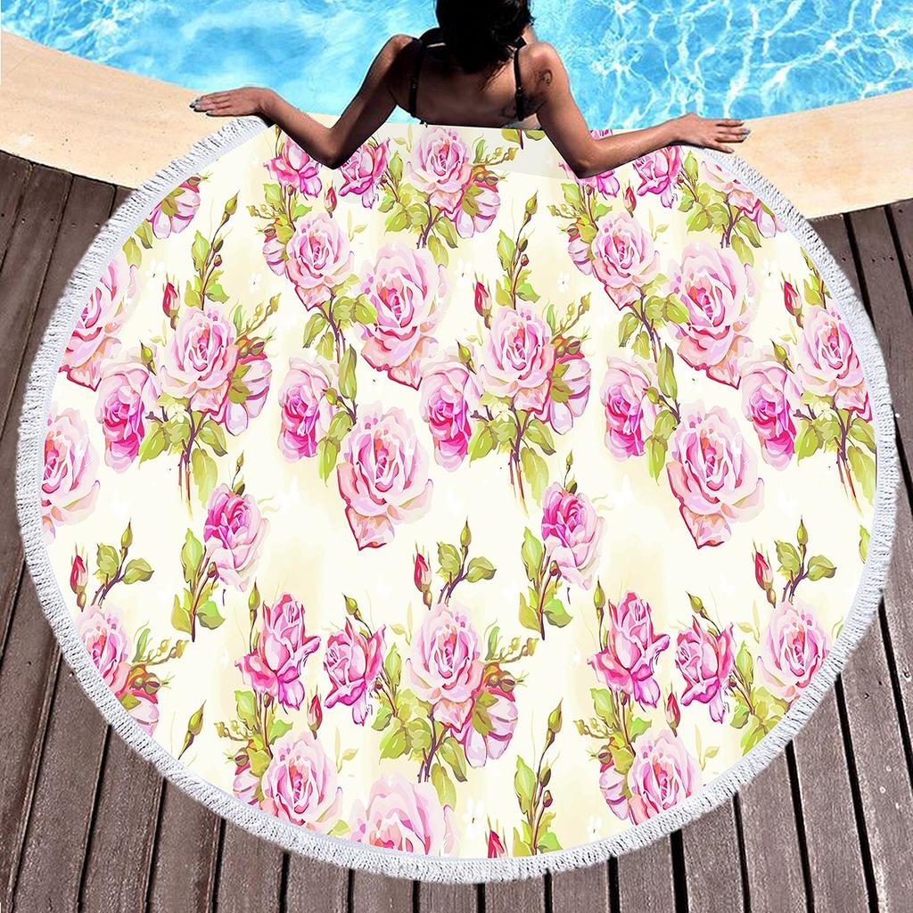 Vintage Floral Round Beach Towel with Tassels, Farmhouse Flower Beach Blanket, Soft Microfiber Yoga Meditation Mat Picnic Rug