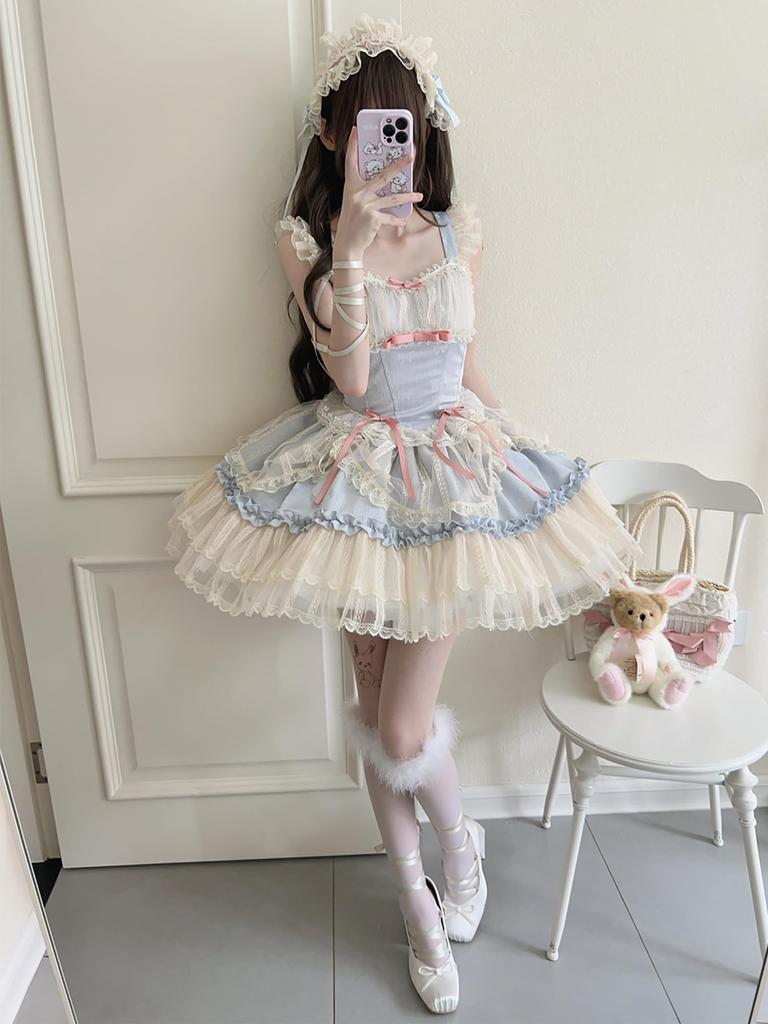XHSUKADO Lolita JSK Jumper Skirt with Camisole and Dreamy Cute Gothic Lolita Outfit with Ruffles and Mori Girl Princess Lolita Idol Light Size M