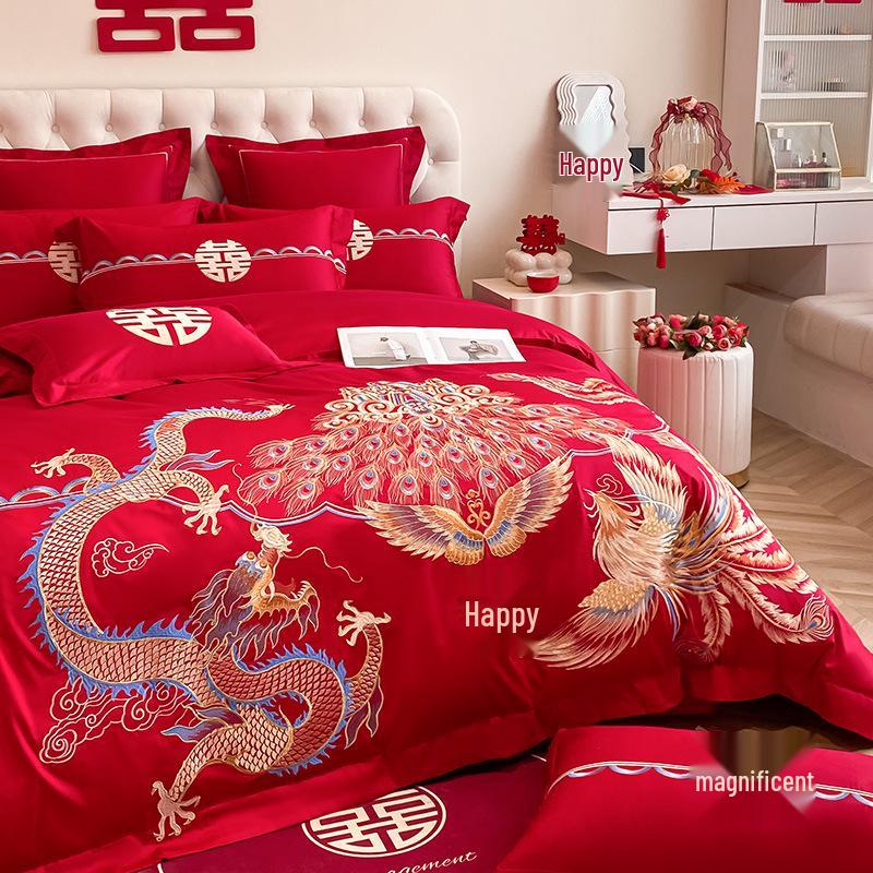Luxury Dragon & Phoenix Embroidered Wedding Bedding Set - Red Bridal Room Dowry Sheet & Duvet Combo