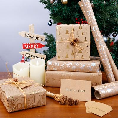 300*43cm Christmas Kraft Gift Wrapping Paper Hot Foil Stamping Xmas Pattern New Year Party Decor Gift Packaging DIY Craft Paper
