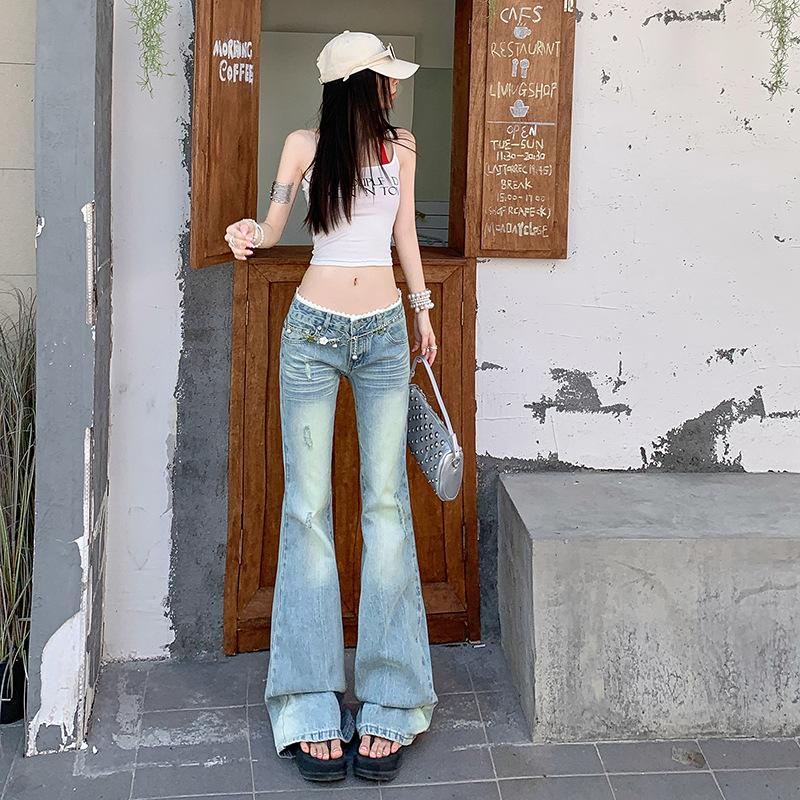 American Spice Girl light blue slightly pulled jeans women's summer new low-rise loose and thin wide-leg flared pants