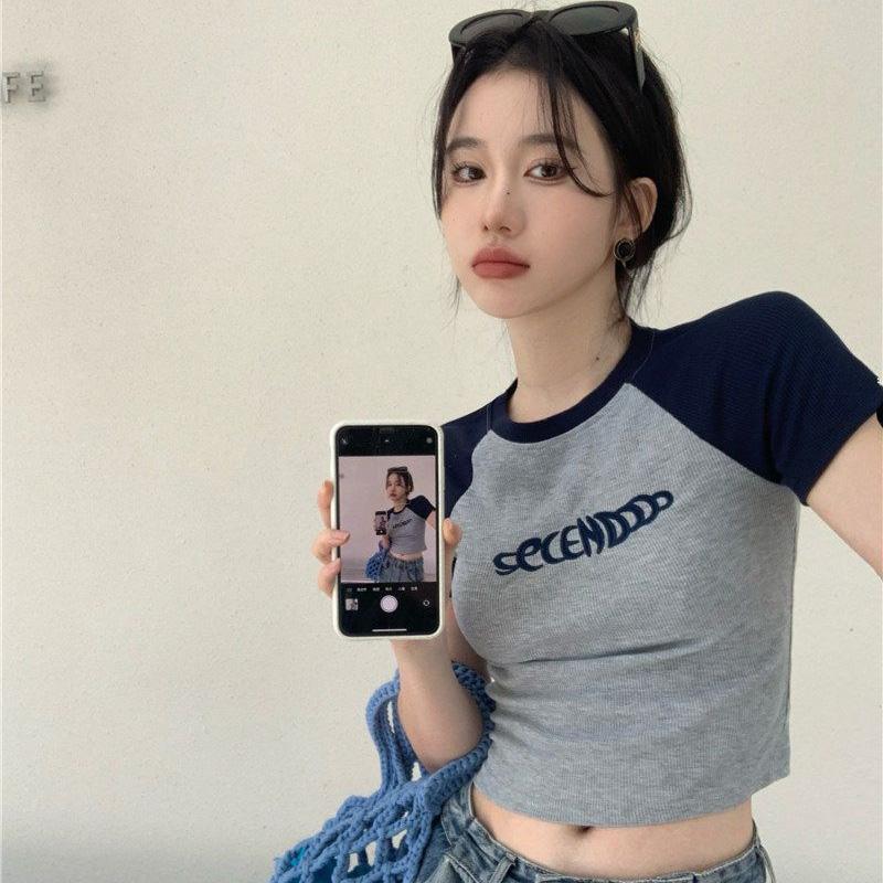 Women Spring Summer Splicing Color Short Sleeved T-shirt O-Neck Tight Blouses Pullover Slim Short Top S-XXL