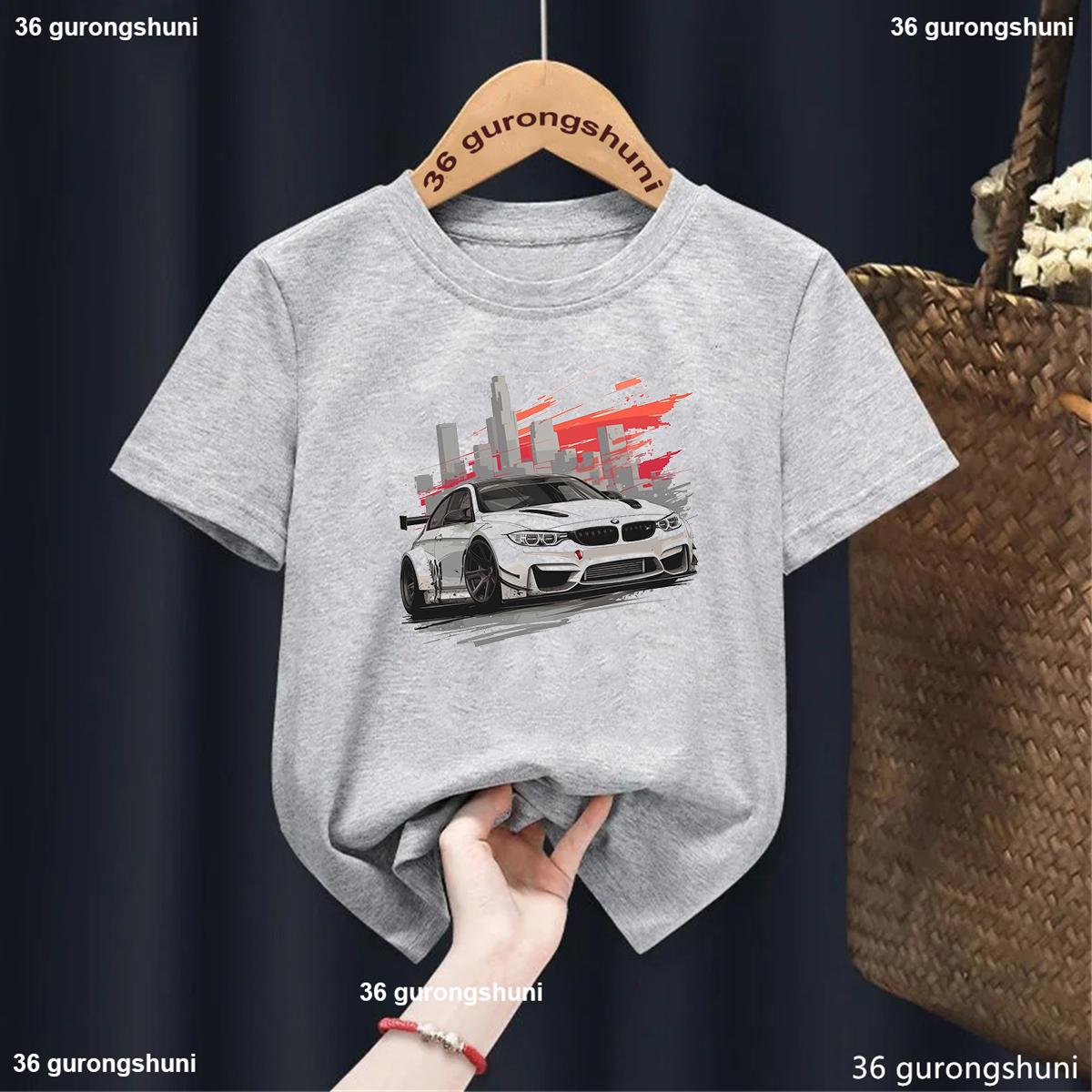 2025 Mode Kinder Sommer T-Shirt Super Auto-Cool Grafikdruck T-Shirt für Jungen Sommer Locker und Atmungsaktiv Graues T-Shirt Oberteile 140 white