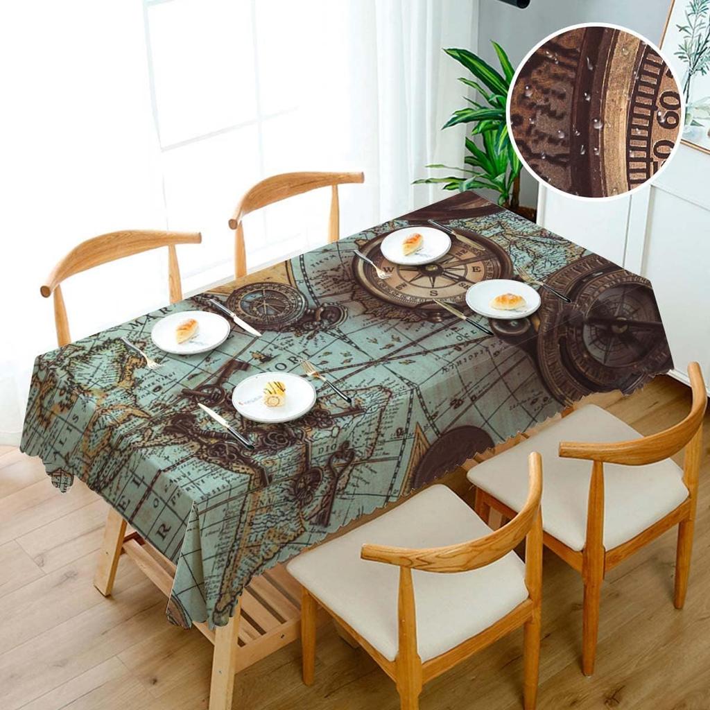 Ancient World Map Compass Skeleton Key Rectangle Tablecloth Table Decor Waterproof Kitchen Dining Tablecloth Holiday Party Decor