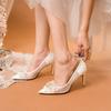 Fashion Champagne Lace Bridesmaid Shoes Rhinestone Pearl Mesh High Heels Wedding Party