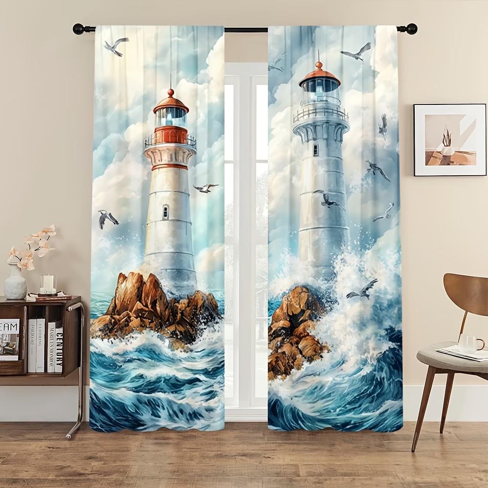 2PCS Digital Printed Curtains, Two Lighthouses Nautical Coastal Scene, Window Treatments for Living Room Bedroom Home Decoration