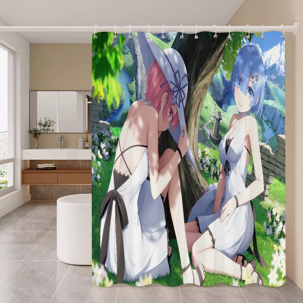 Rideau de douche blanc Rem Re Zero Anime pour le jeu, Rideau de douche décoratif pour salle de bain, Rideau de douche imperméable avec crochets