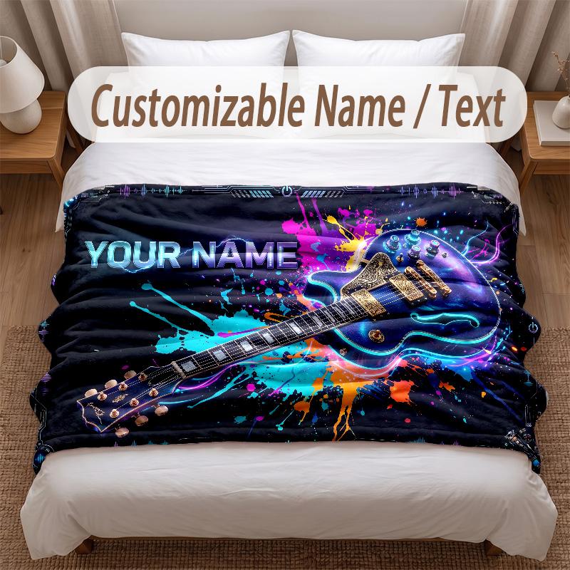 Music Guitar Theme Soft Blanket Personalized Custom Name Text Print Warm Blanket Home Sofa Bedroom Decor
