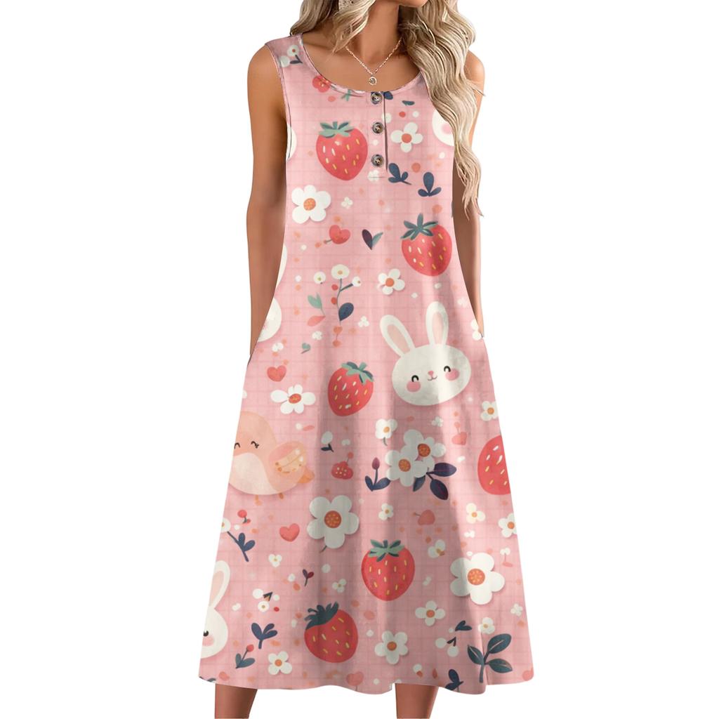 Dámské módní ležérní bezrukávové knoflíkové velikonoční potisk šaty s kapsou