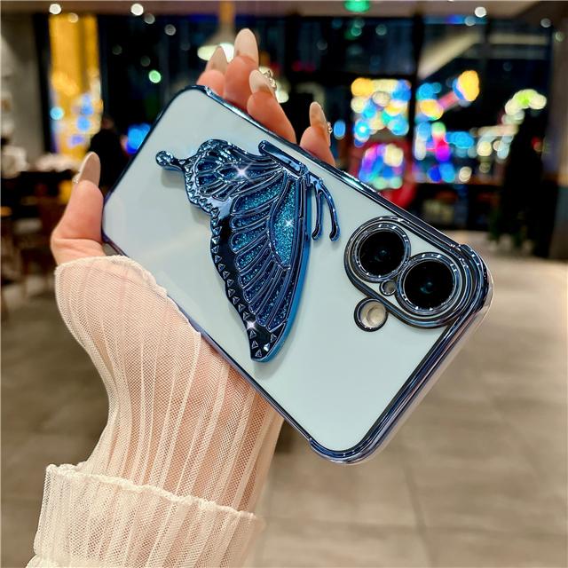 For iPhone 16 Pro Max Luxury Flash Plating Pattern Frame Butterfly Holder Phone Case For iPhone 11 12 13 14 15 Plus Stand Cover