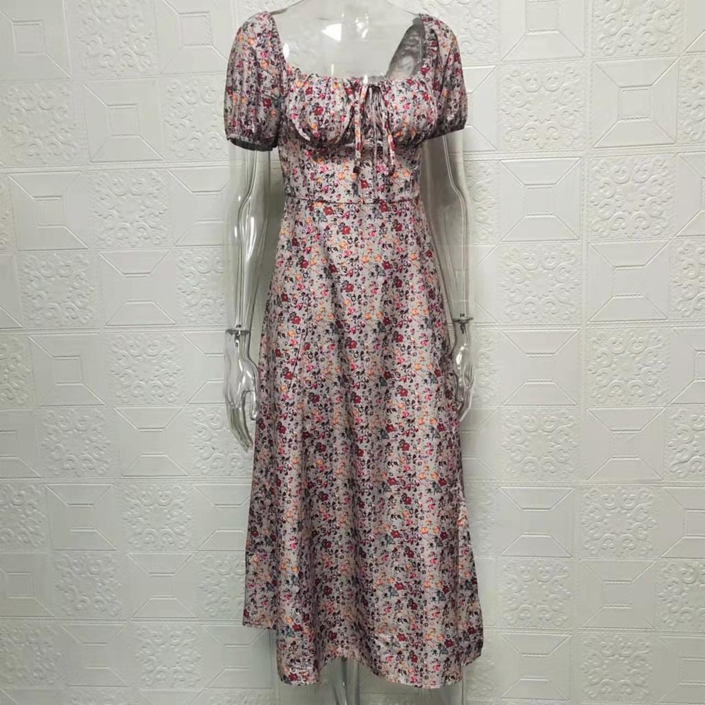 Women's Puff Sleeve Square Neck French Style Small Fresh Floral Backless Slit Long Dress