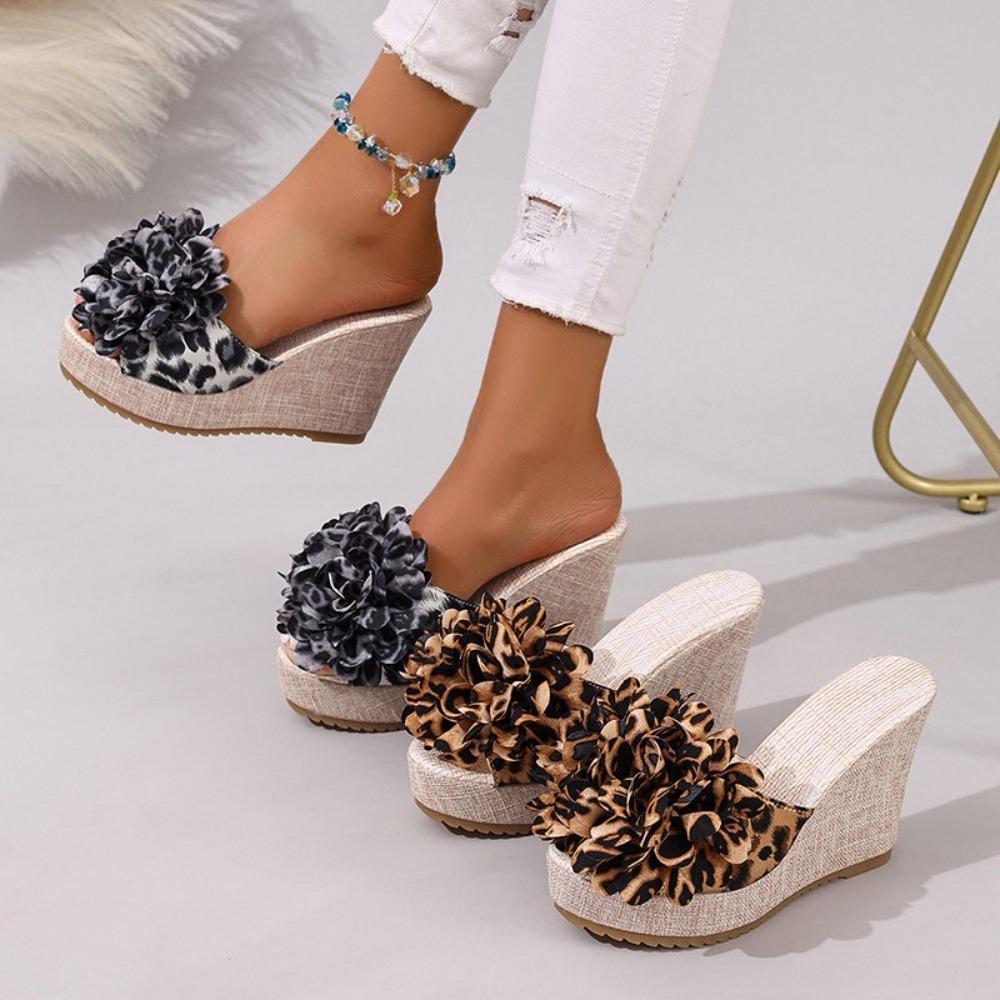 Summer Women Comfortable Sexy Leopard Bow Soft Wedges Slippers Casual  Beach Shoes New Flower Women's Sandals Size 35-42