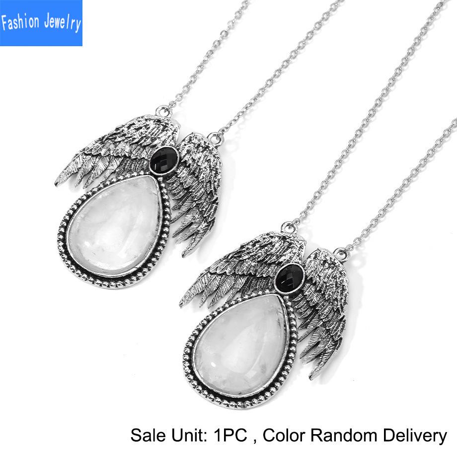 European and American Trendy Personalized Angel Wings Natural Crystal Stone Drop-shaped Pendant Necklace Jewelry