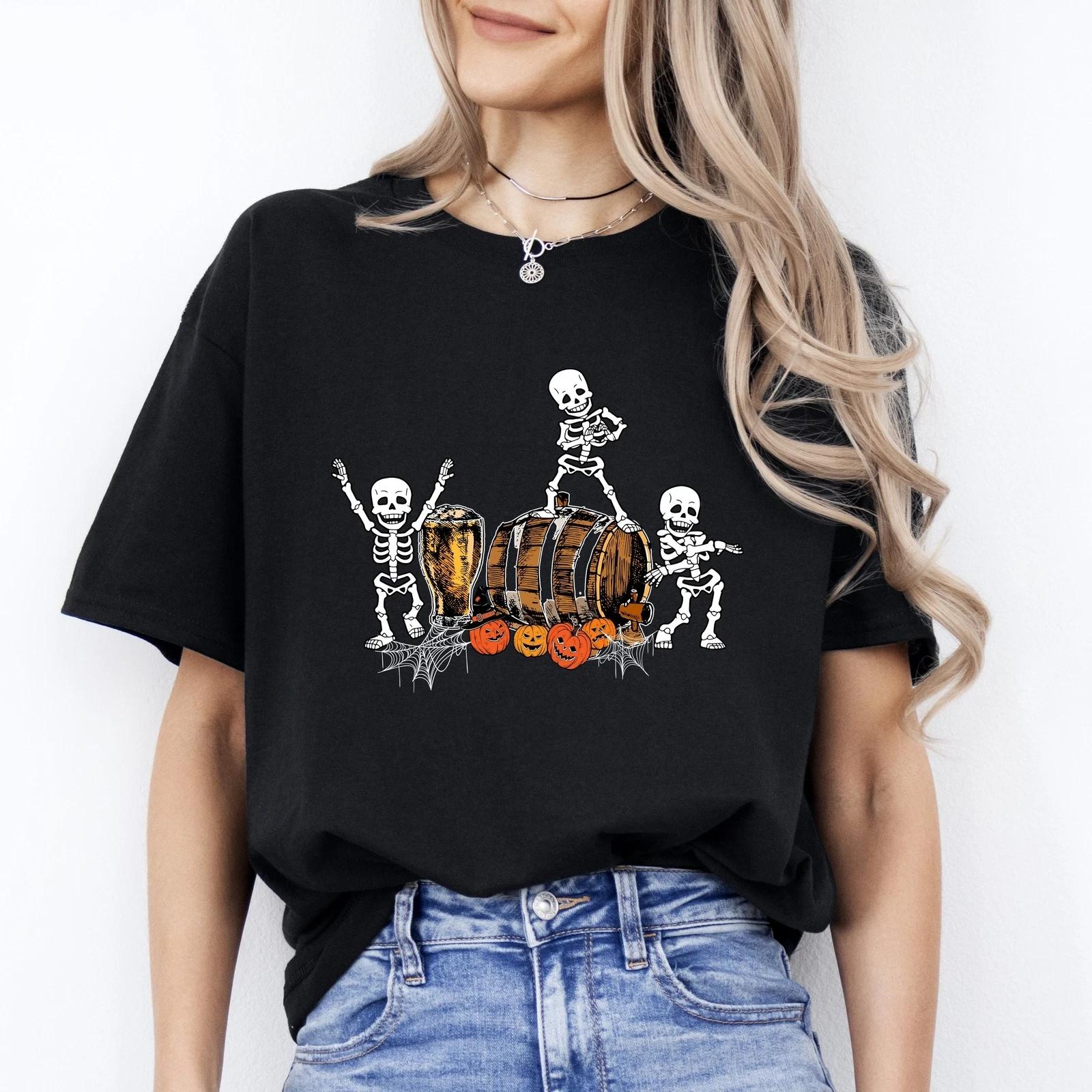 Skeleton dancing near bear Halloween Unisex T-Shirt beer lover spooky season tee 3XL
