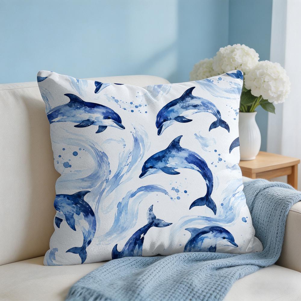 Cushion Cover Whale Print Short Plush Soft DoubleSided Printing Pillow Case Cozy Sofa Bedroom Home Decor Gift