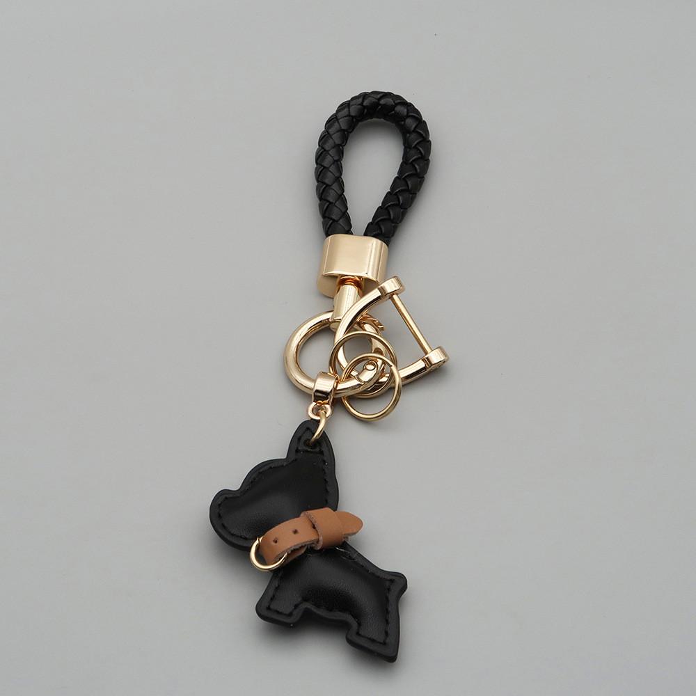 1PC Mini French Bulldog Keychain - Leather & Braided Rope Anti-lost Puppy Pendant, Cute Auto Car Key Accessory