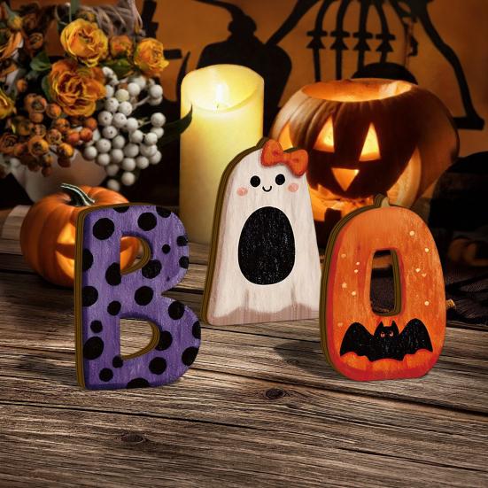 3Pcs/Set Wooden Halloween Statues, Letter Bat Pumpkin Ghost with Bowknot Deisgn, Halloween Desktop Ornaments, Holiday Party Decor & Scene Layout