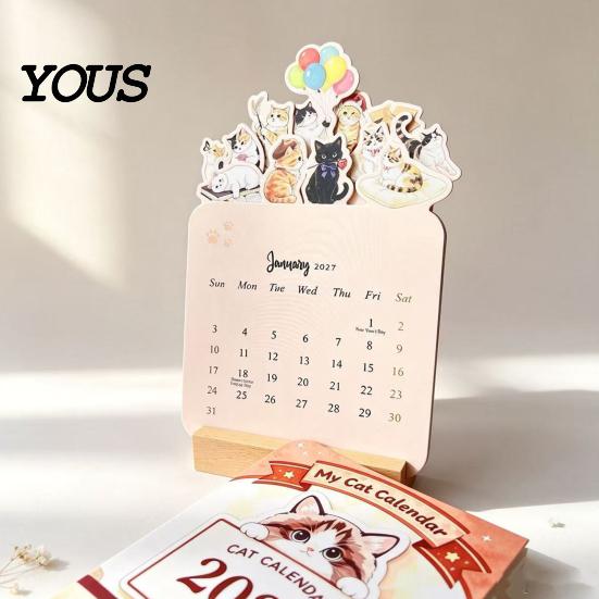 Daily Schedule Planner 2027 Flower Desk Calendar, English Tabletop Calendar with Wooden Base, Cute Stationery Gift Floral & Cat Decorative for Office