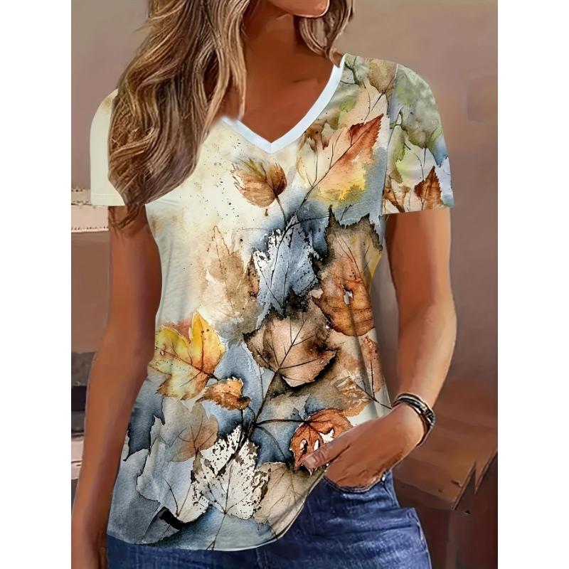 

Летняя женская элегантная футболка с V-образным вырезом, короткими рукавами и принтом кленовых листьев, футболка с короткими рукавами и V-образным вырезом для женщин, модная футболка 5xl