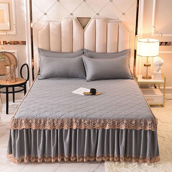 3pcs/set Autumn and Winter Thick Cotton Quilted Lace Bed Skirt Three-piece Set Non-slip Bedspread Pillowcase Three-piece Set