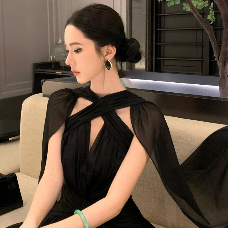 

French Sexy Black Backless Streamer Dress Women s Summer Temperament Birthday Party Dress Dress Seaside Vacation Dress S чёрный