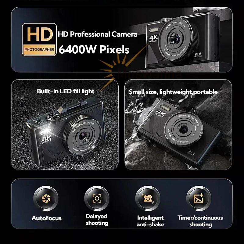 64MP 180° Flip Screen Selfile Camera WIFI 4K Digital Camera Small Portable 18X Digital Zoom Vlog Camera