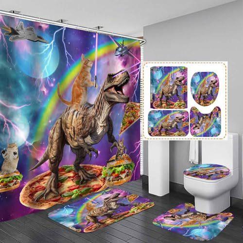 4-Piece Dinosaur And Microphone Pattern Shower Curtain With Hook Bathroom Compartmentary Curtain Bathroom Accessories Home Decor