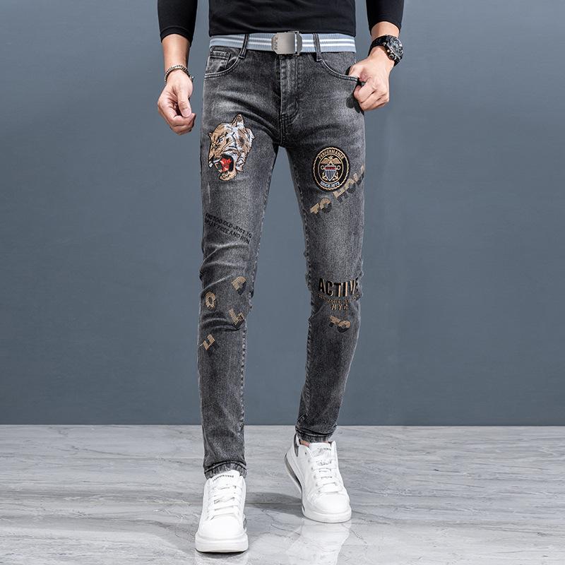 

Весенние и осенние джинсы, мужские вышитые принтованные хлопковые модные тенденции, повседневные утягивающие брюки, высококачественные настоящие ковбойские брюки 30