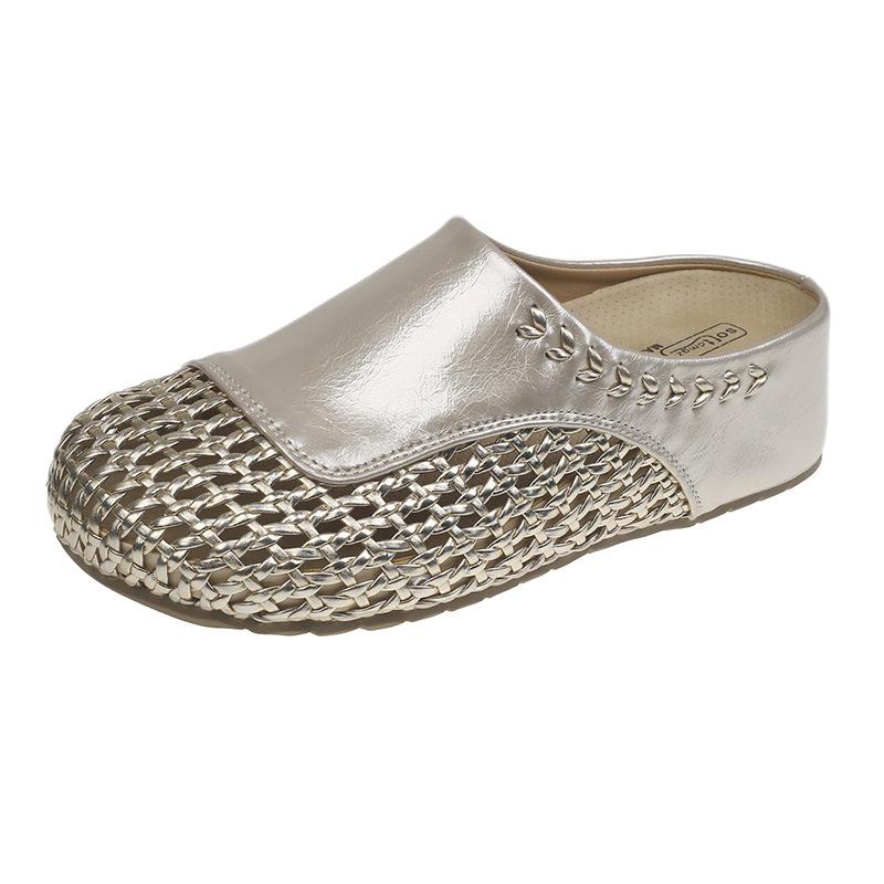 Thick bottom inner height increase one pedal woven hollow breathable cool slippers women's summer wear 2025 new bag head half slippers