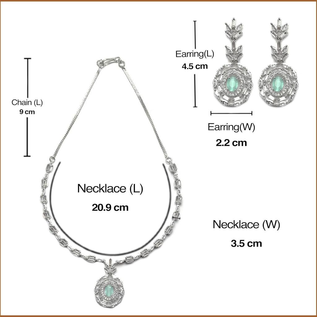 Rhodium-Plated Silver Toned Square & Circular Shaped American Diamond Studded Necklace with Earring Jewellery Set for Girls and Women